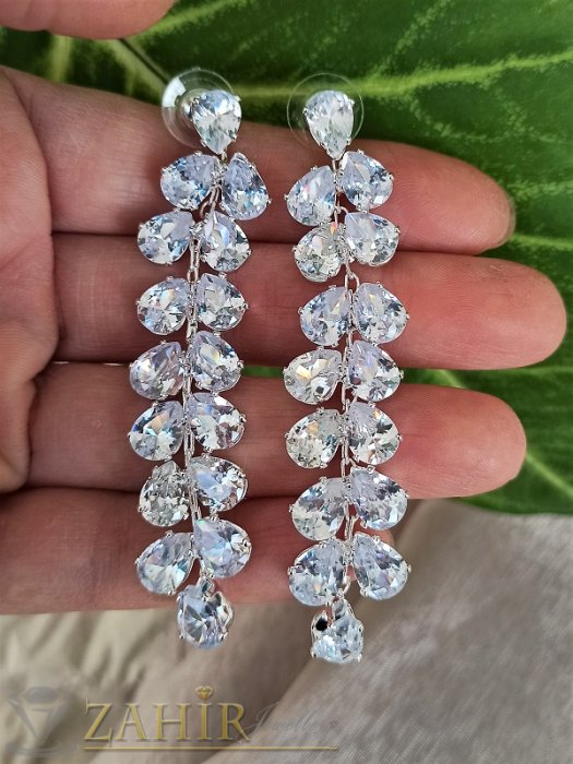 Дамски бижута - Оставящи без дъх блестящи цирконени обеци 7 см с фасетни кристали, сребърно покритие, закопчаване на винт - O2839